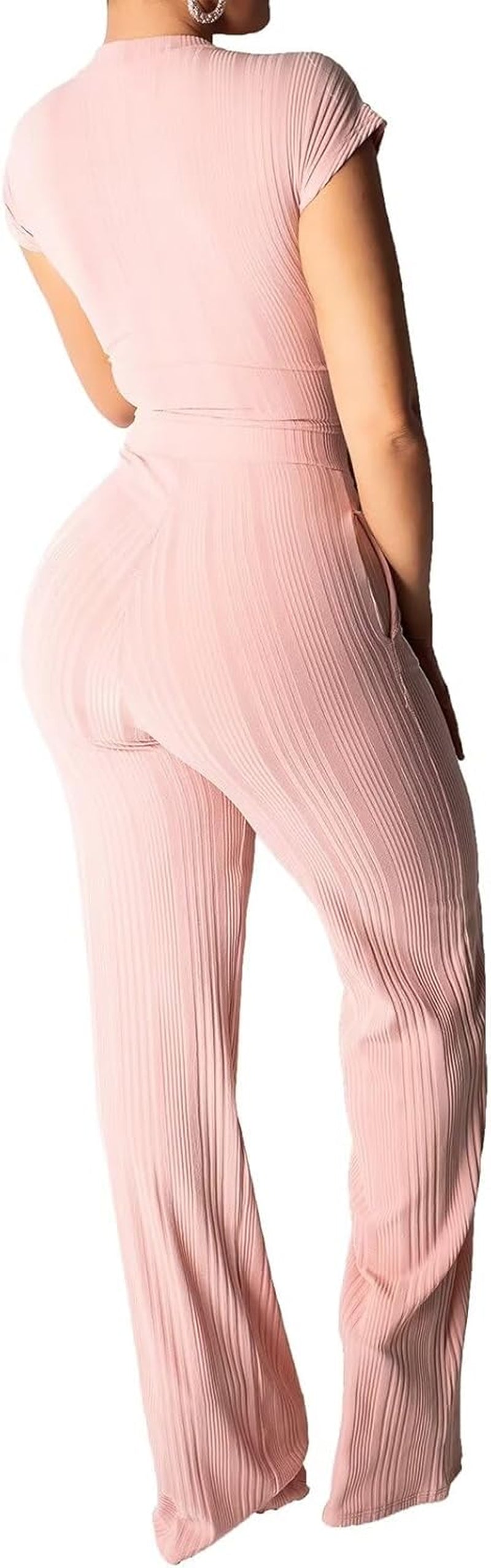 Women 2 Piece Outfits Summer Two Piece Pants Sets Sexy Tie Front Crop Top Wide Leg Casual Ribbed Outfit Pink X-Large