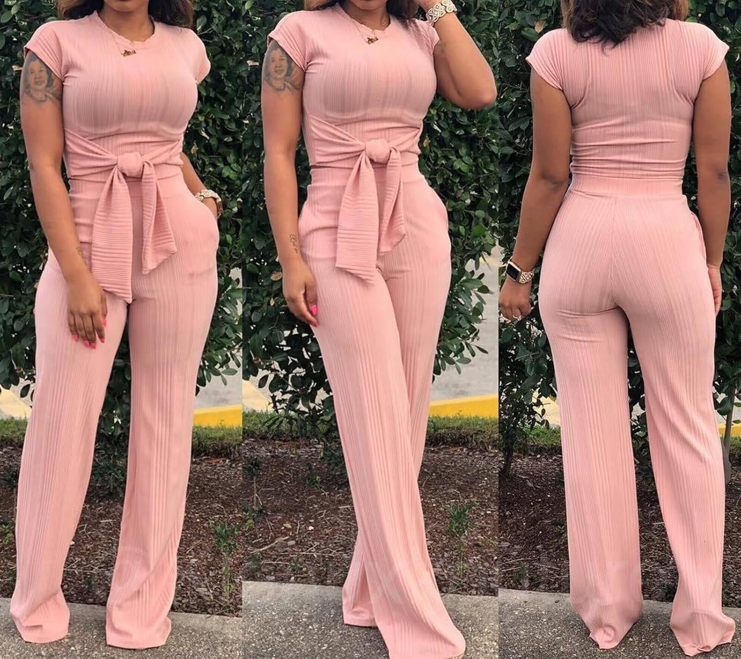 Women 2 Piece Outfits Summer Two Piece Pants Sets Sexy Tie Front Crop Top Wide Leg Casual Ribbed Outfit Pink X-Large