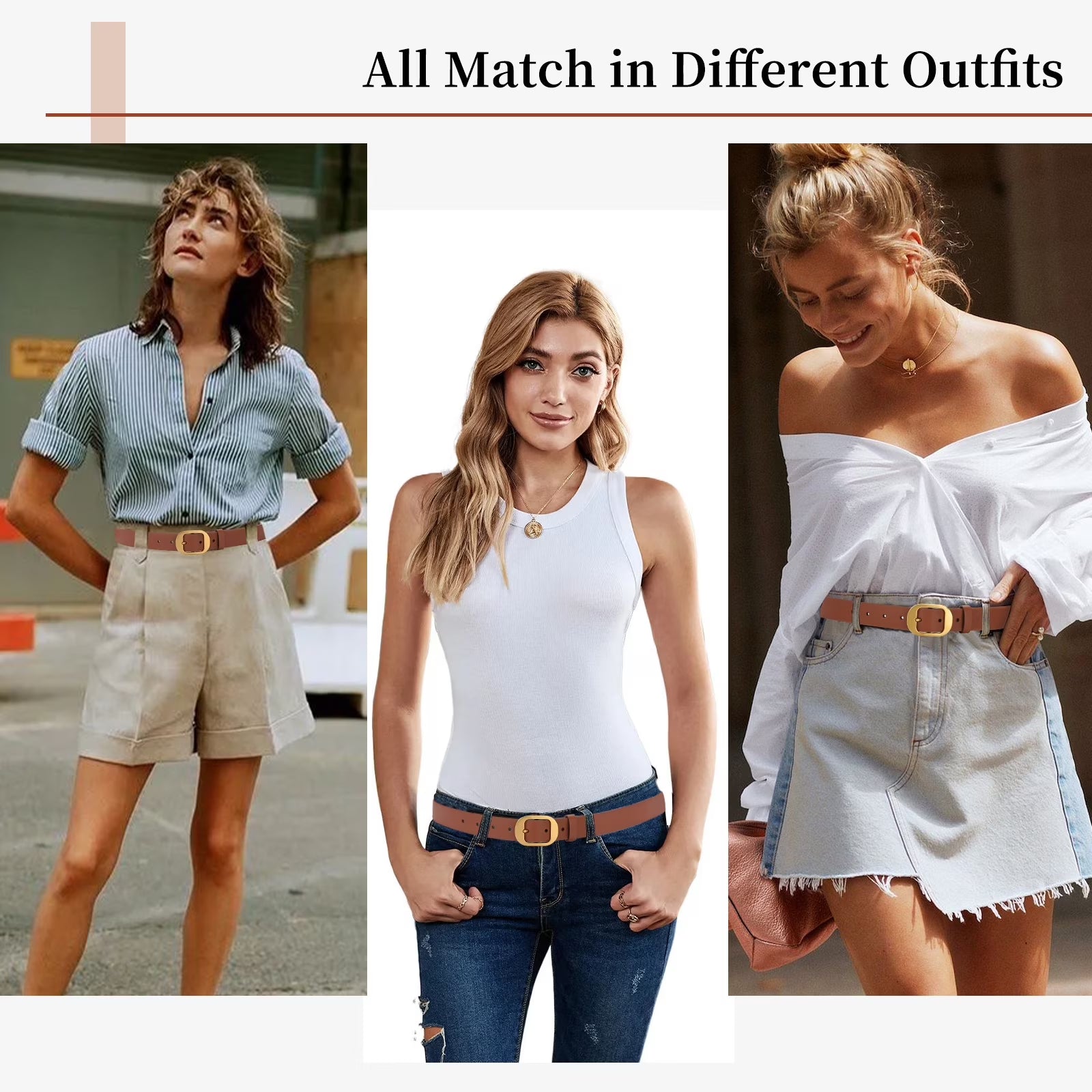 Women'S Casual Leather Belts for Jeans Pants Ladies Belt Fashion Vintage Gold Pin Buckle