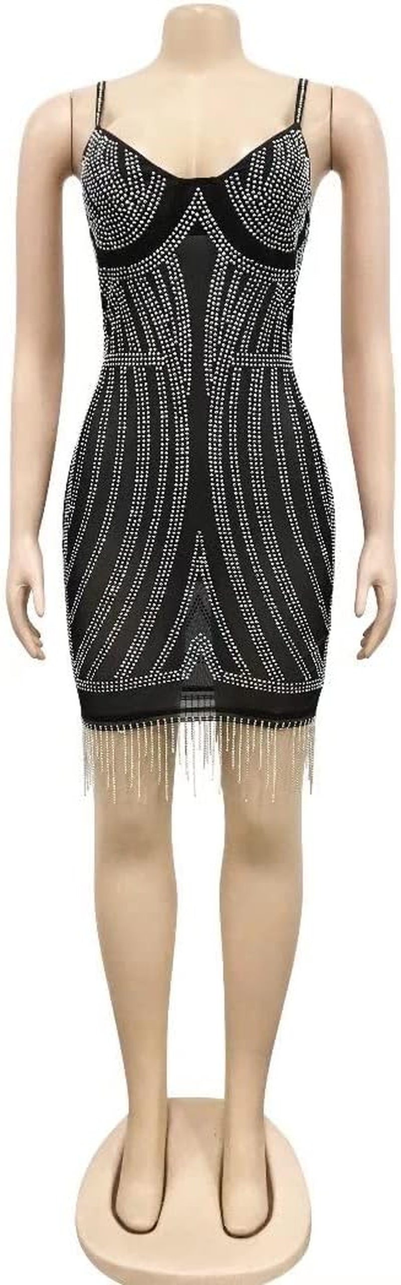 Sexy Party Cocktail Dresses for Women Spaghetti Strap Sleeveless Rhinestone Tassel Bodycon Mini Dress Apricot XL