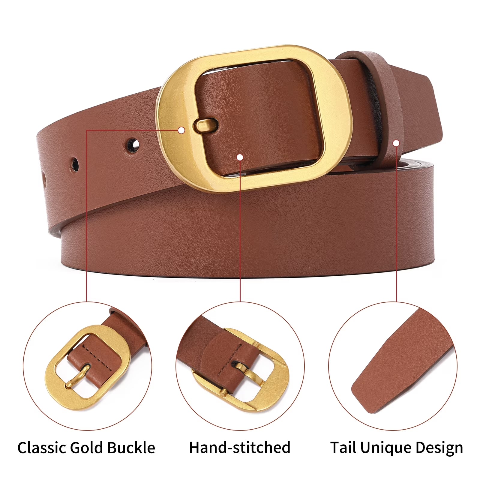 Women'S Casual Leather Belts for Jeans Pants Ladies Belt Fashion Vintage Gold Pin Buckle