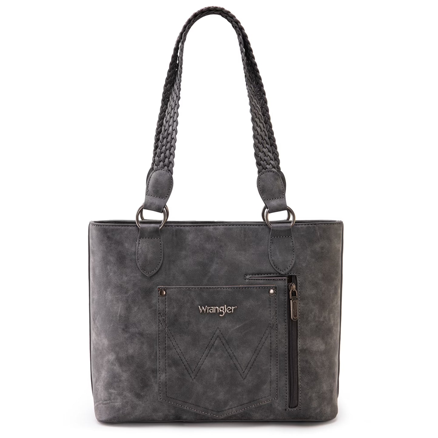 Wrangler Distressed Tote Bag for Women Western Purse Multi Pockets Handbags and Shoulder Bag, Braided-Frost Grey