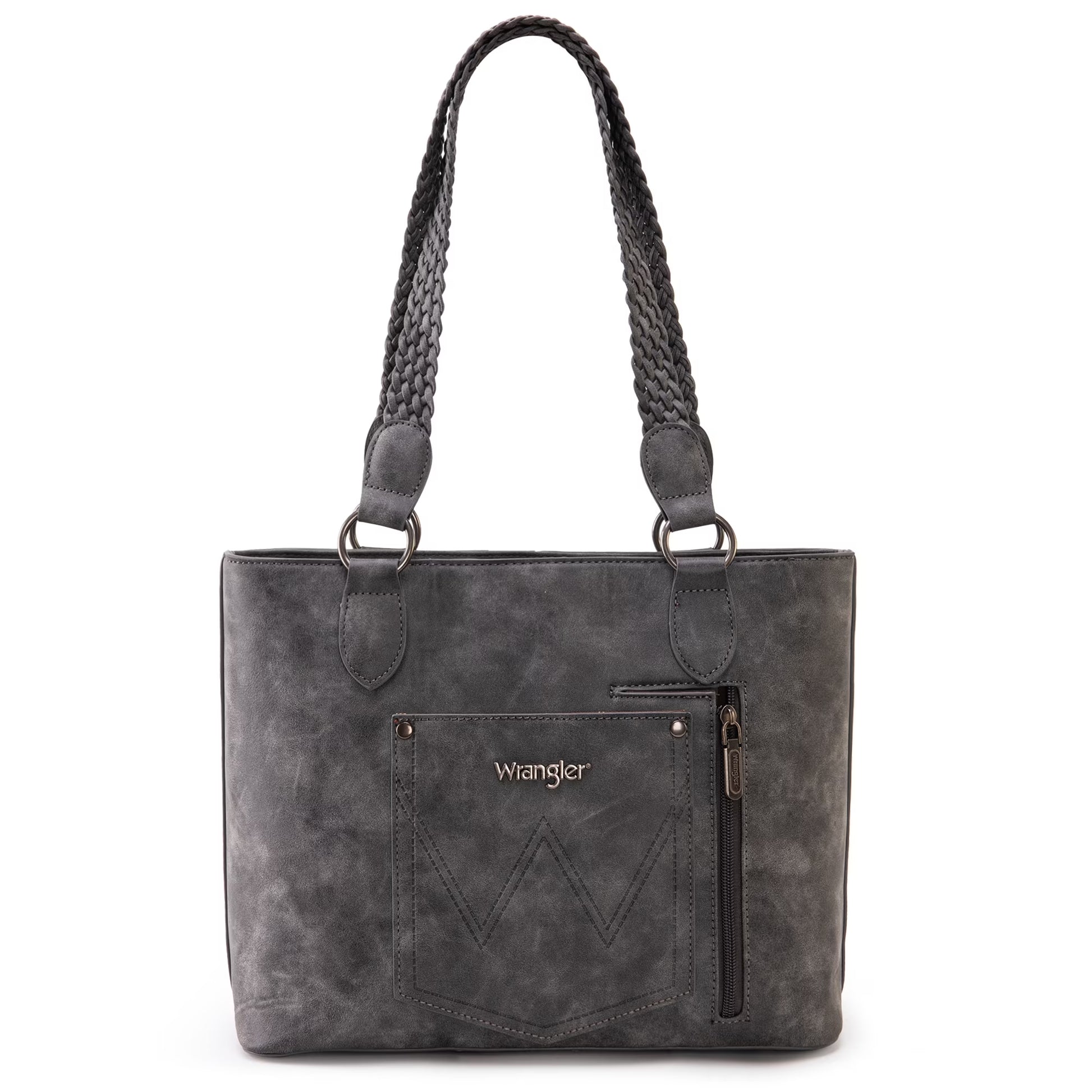 Wrangler Distressed Tote Bag for Women Western Purse Multi Pockets Handbags and Shoulder Bag, Braided-Frost Grey