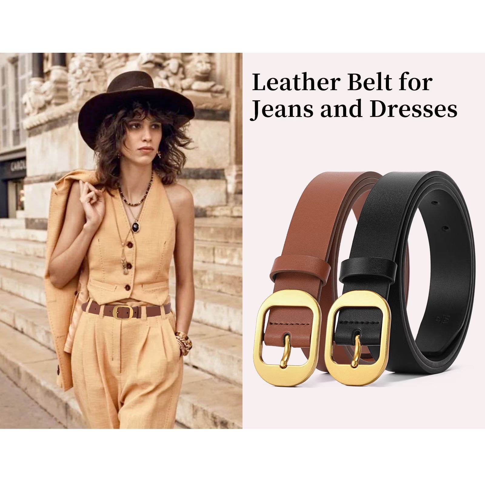 Women'S Casual Leather Belts for Jeans Pants Ladies Belt Fashion Vintage Gold Pin Buckle