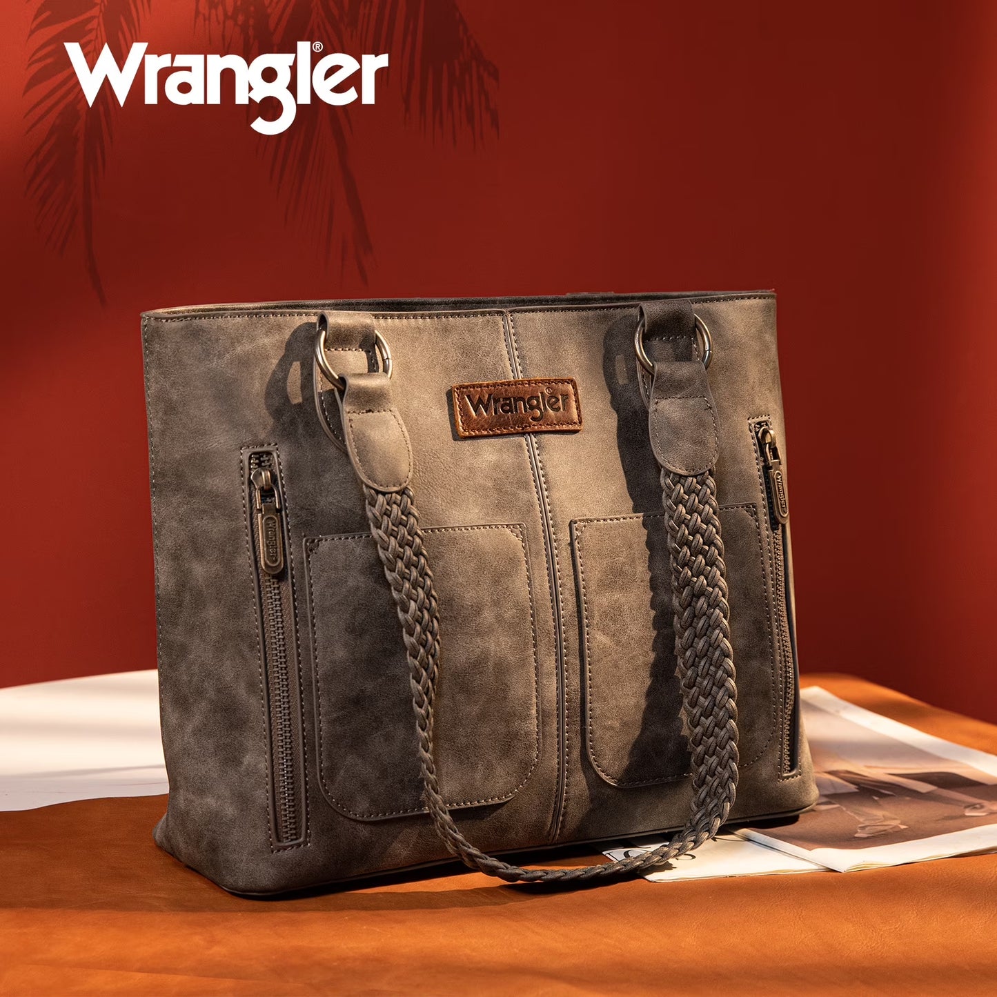 Wrangler Distressed Tote Bag for Women Western Purse Multi Pockets Handbags and Shoulder Bag, Braided-Frost Grey